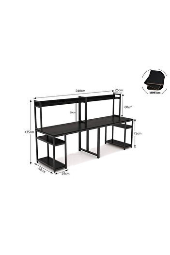 Zizuva Tasarım 2 Kişilik Raflı Ergonomik Siyah Çalışma Masası