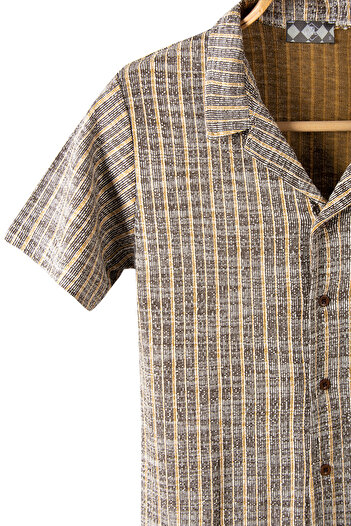 Terapi Men Erkek Sarı Kısa Kollu Slim Fit Çizgi Desenli Pamuklu Yazlık Gömlek
