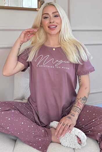 Pijamaevi Dark Pink Bamboo Short Sleeve Women's Pajama Set - Magic Patterned