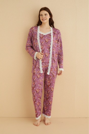Farya Home Lace Pegasus Patterned Rope Strap Pajamas Set with Dressing Gown - 3 Pieces