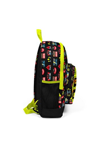Coral High Kids Black Neon Yellow Game Over Patterned Four Compartment USB School Backpack 23828