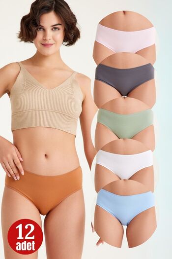 Dennis Denise High Waist Women's Panties - Pack of 12, Cotton and Lycra, Pink, White, Blue, Green and Gray Caramel