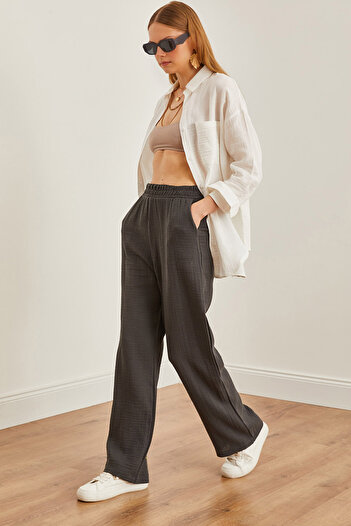 Olalook Anthracite Muslin Women's Trousers - Elastic Waist, Pockets PNT-19000279