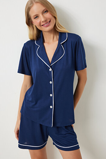 Happiness İstanbul Navy Blue Piping Detailed Women's Shirt and Shorts Pajama Set - EC00039
