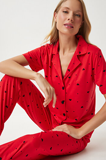 Happiness İstanbul Red Heart Women's Pajamas Set - Shirt and Pants EC00036