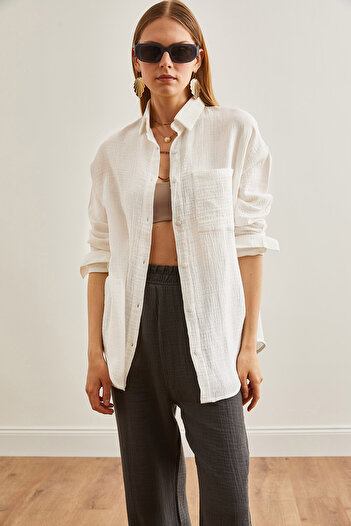 Olalook Ecru Oversize Muslin Women's Shirt - GML-19001217