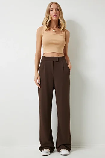 Happiness İstanbul Brown Women's Woven Trousers - Velcro Waist, Relaxed Fit RV00150