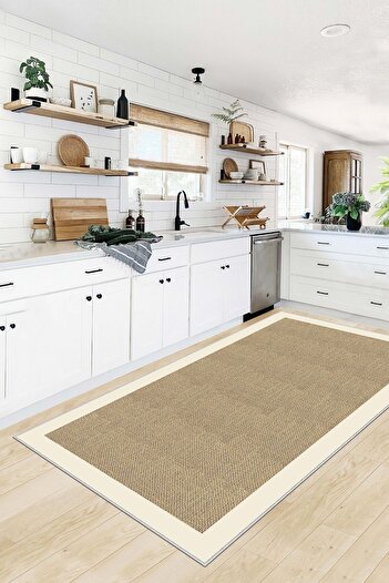 Confidence Home Makinede Yıkanabilir Kaymaz Taban Leke Tutmaz Modern Bej Mutfak Halısı Salon Halısı Ve Yolluk