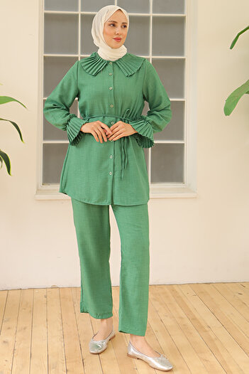 benguen Green Linen Set - 4044 Model, Collar and Sleeves with Pleats