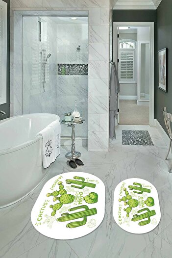 Kilimteks Digital Printed Non-Slip Washable Cactus Oval Bathroom Set Toilet Seat, N-O-KLOZET-23-WHITE,