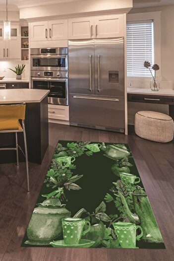 Kilimteks 3D Dijital Baskılı Kaymaz Taban Yıkanabilir Renkli Modern Mutfak Halısı, N-MUTFAK-25-YEŞİL,