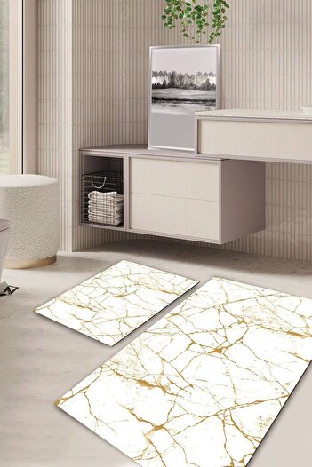 Kilimteks Marble Patterned Non-Slip Base Washable Set of 2 Bathroom Carpet Mat Toilet Seat Set Kt-kzht-420