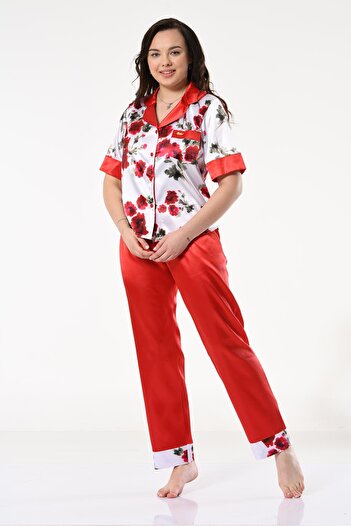 Miss Dünya Lissa Patterned Shirt Collar Satin Pajama Set - Short Sleeve, Buttoned Front