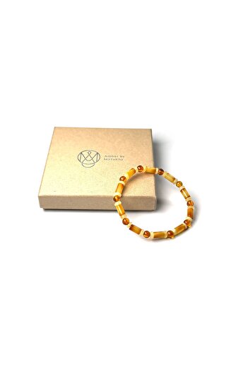 Amber by Mazukna Sarı Bal Silindir Yuvarlak Kesim Damla Kehribar Bileklik Esnek Misina, Genç, Yetişkin, Sertifikalı