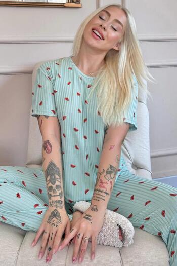 Pijamaevi Green Watermelon Patterned Women's Knitted Chain Pajama Set - Short Sleeve