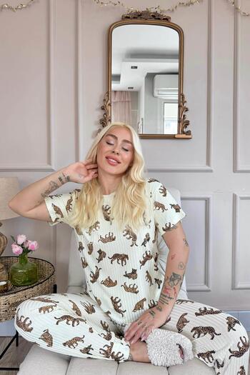 Pijamaevi Yellow Brown Leopard Pattern - Short Sleeve Knitted Chain Women's Pajamas Set