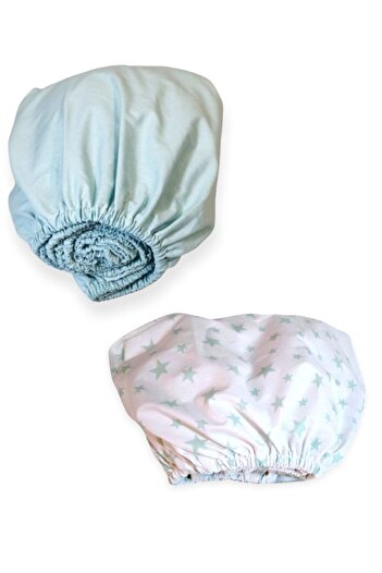 Bebek Özel Cotton Children's Fitted Sheet 90x190 2 Pieces Mint Green And Green Stars