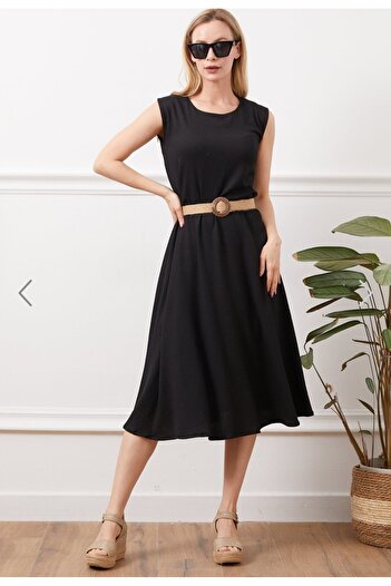 Alegante Rochie neagră cu curea Trend Zero Sleeve pentru femei