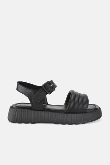 TUNAELLİ Black Genuine Natural Leather - Short Heeled Flat Sandals