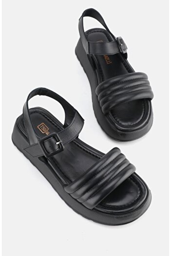 TUNAELLİ Black Genuine Natural Leather - Short Heeled Flat Sandals