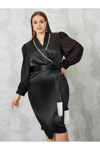 Styli Plus Satin Wrap Midi Dress Fringe Belt