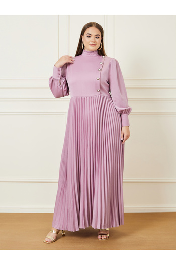 Styli Plus Accordion Pleat Button Detail High Neck A-Line Maxi Dress