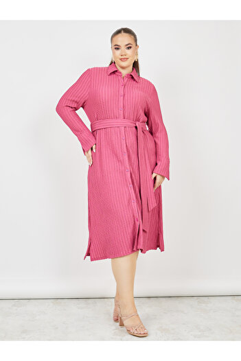 Styli Plus Waffle Textured Shirt Midi Dress with Self Tie Up