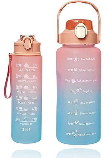 Sevilesi 2Lt 900ml Blue Motivational Water Bottle - Water Bottle with 2 Straw and Stickers