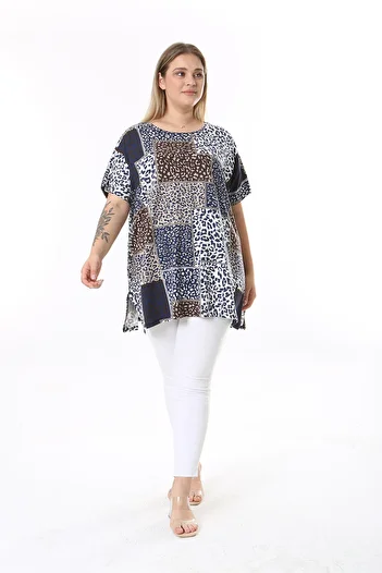 XL Modam Large Size Navy Blue Tunic - Multicolored and Side Slit