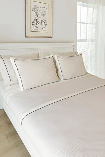 RİTMOHOME Off White Beige Striped Black Piping Cotton Plain Hotel Series Double Duvet Cover Set