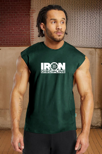 BESSA Men's Oversize Cotton Sleeveless T-shirt - Iron Discipline Printed, Crew Neck Tank Top
