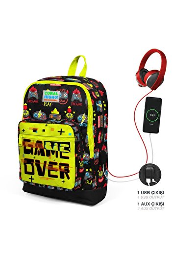 Coral High Kids Black Neon Yellow Game Over Patterned Four Compartment USB School Backpack 23828