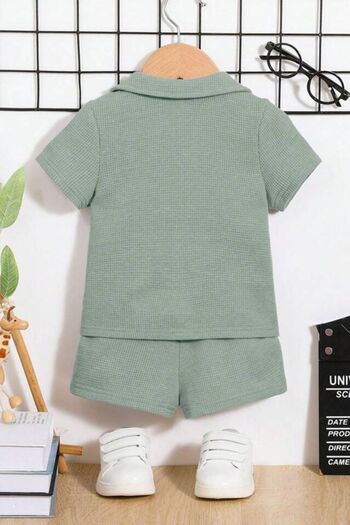 Bubito V-Neck Waffle Patterned Cotton Baby Shorts Set - Green