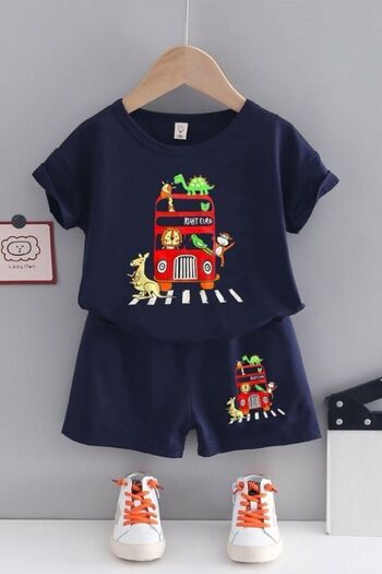 Bubito Navy Blue Summer Baby Shorts Set - Cotton, Animals and Bus Detailed