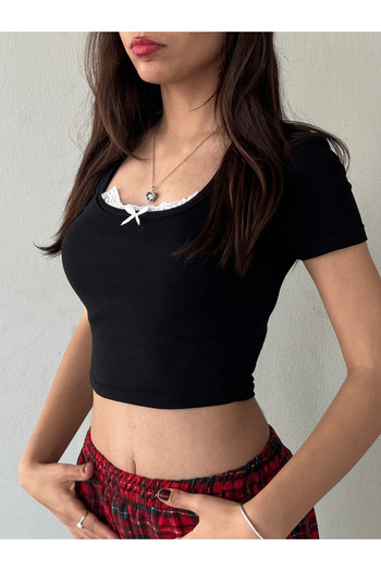 Gofeel Lace Tech Ribbon Crop Blouse