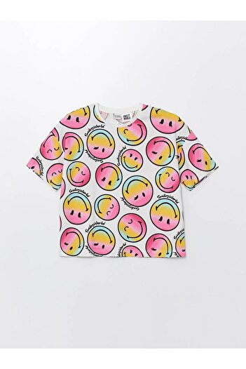 LC Waikiki LCW Kids Bisiklet Yaka SmileyWorld Baskılı Kız Çocuk Crop Tişört
