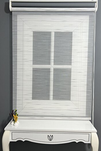 AlpiNaz Modern Colorful Striped Roller Blinds - Double System, Cuts 90% Light, Gray Tulle