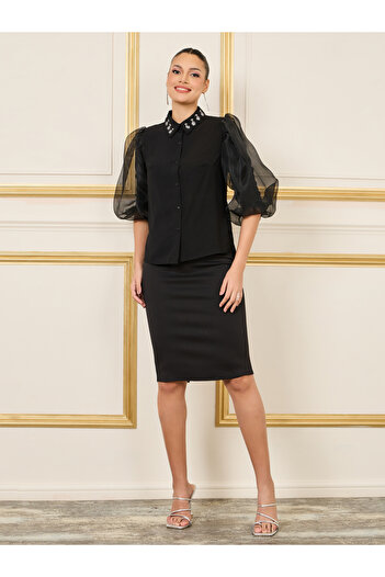 Styli Organza Sleeves Embellished Collar Shirt and Pencil Midi Skirt Set
