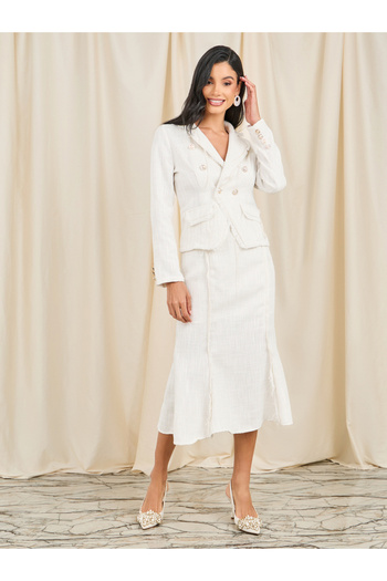 Styli Frayed Edge Tweed Buttoned Blazer & Midi Skirt Co-Ord