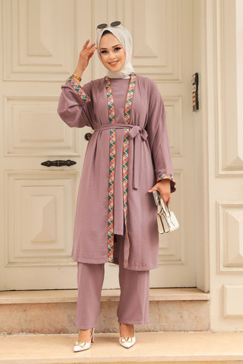 Neva Style - Kimono Dark Lilac Hijab Triple Set 51910Klıla