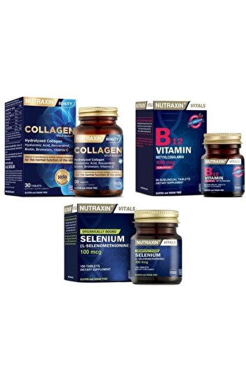 Nutraxin Selenium 100 Mcg and B12 1000 Mcg - Collagen Hydrolyzed Type 1 and 3 30 Tablets+60 Tablets