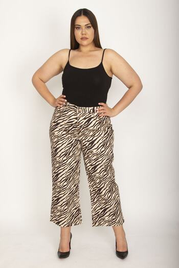 Şans Women's Large Size Brown Lycra Gabardine Fabric Wide Leg Patterned Ankle Length Trousers 65n26184