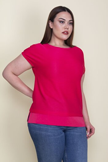Şans Women's Plus Size Fuchsia Hemline Plain Crepe Low Sleeve Self-Striped Blouse 65n26139
