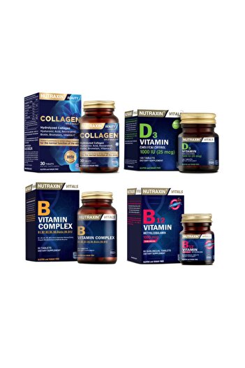 Nutraxin Collagen Supplement and Vitamin B - 30 Tablets, Vitamin B12 60 Tablets, Dilaltı Vitamin D3 120 Tablets