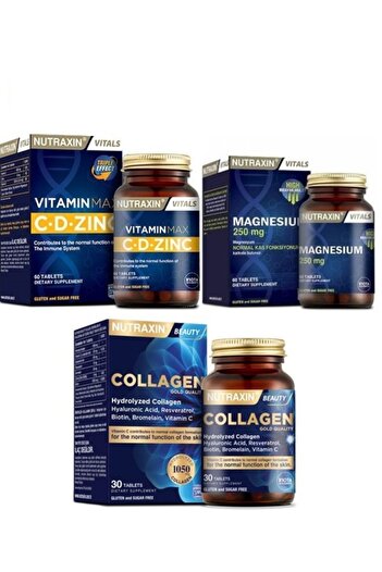 Nutraxin Vitamin B Complex - 60 Tablets + Type 1 and Type 3 30 Tablets Containing Hydrolyzed Collagen + Vitamin Max C-D-Zinc