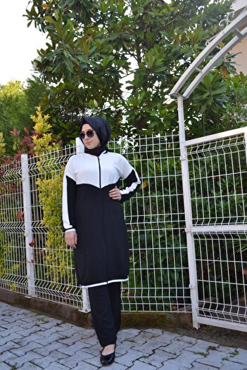 AYSUN AYDEMİR Ασπρόμαυρο Σετ Φούτερ Hijab με φερμουάρ