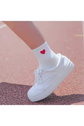 çorapmanya 5 Pairs of White Heart Patterned Half Socks for Women