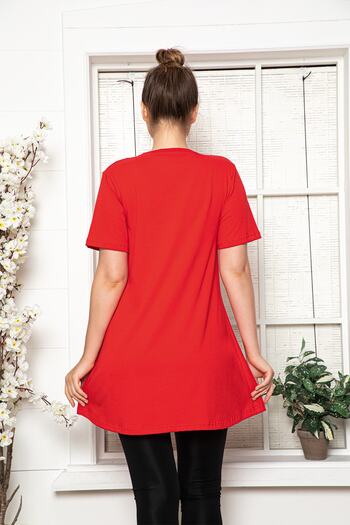 MyBen Women's Red Short Sleeve Cotton Crew Neck Combed Cotton Tunic Slm06