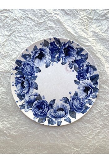 unique florya Blue Blanc Çiçek Desenli Duvar Tabağı Dekoratif Bahçe Balkon Mutfak Salon Duvar Süsü No:187