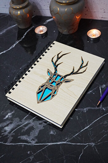 markcat Wooden Covered Deer Figure Notebook - Unlined - Daily Agenda - A5 Memory Book
